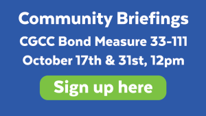 Image button that takes you the "Sign up now" page for the October 17 and 31 Zoom meetings about the CGCC bond 33-111