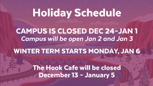 Holiday schedule graphic: campus is closed December 24-January 1.